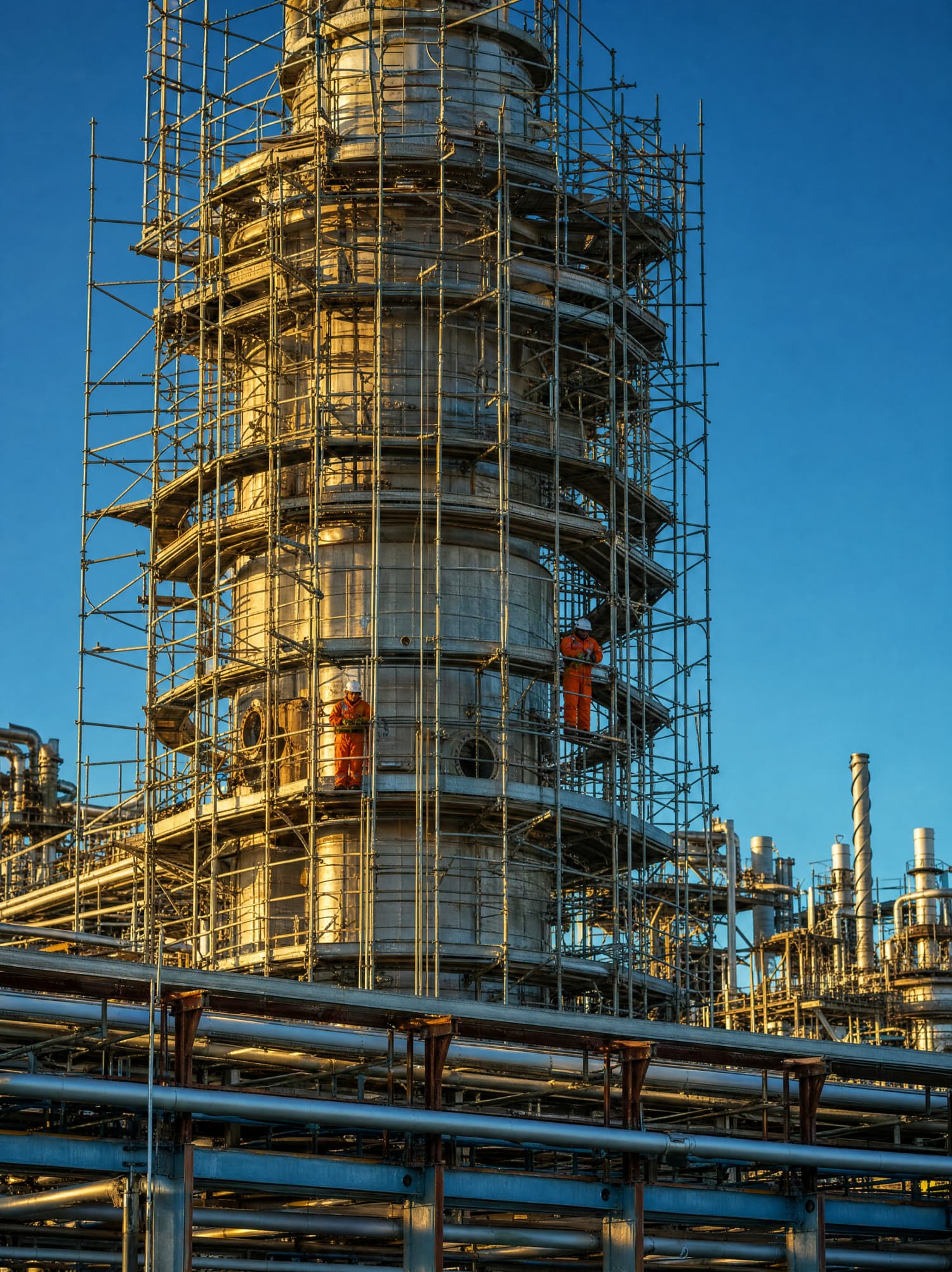 Columna de refinería con andamios durante una parada de planta