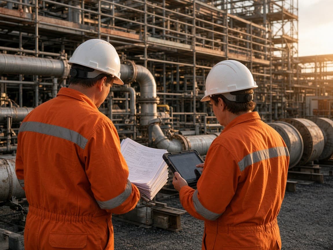 Supervisores revisando un paquete de trabajo en el frente de una parada