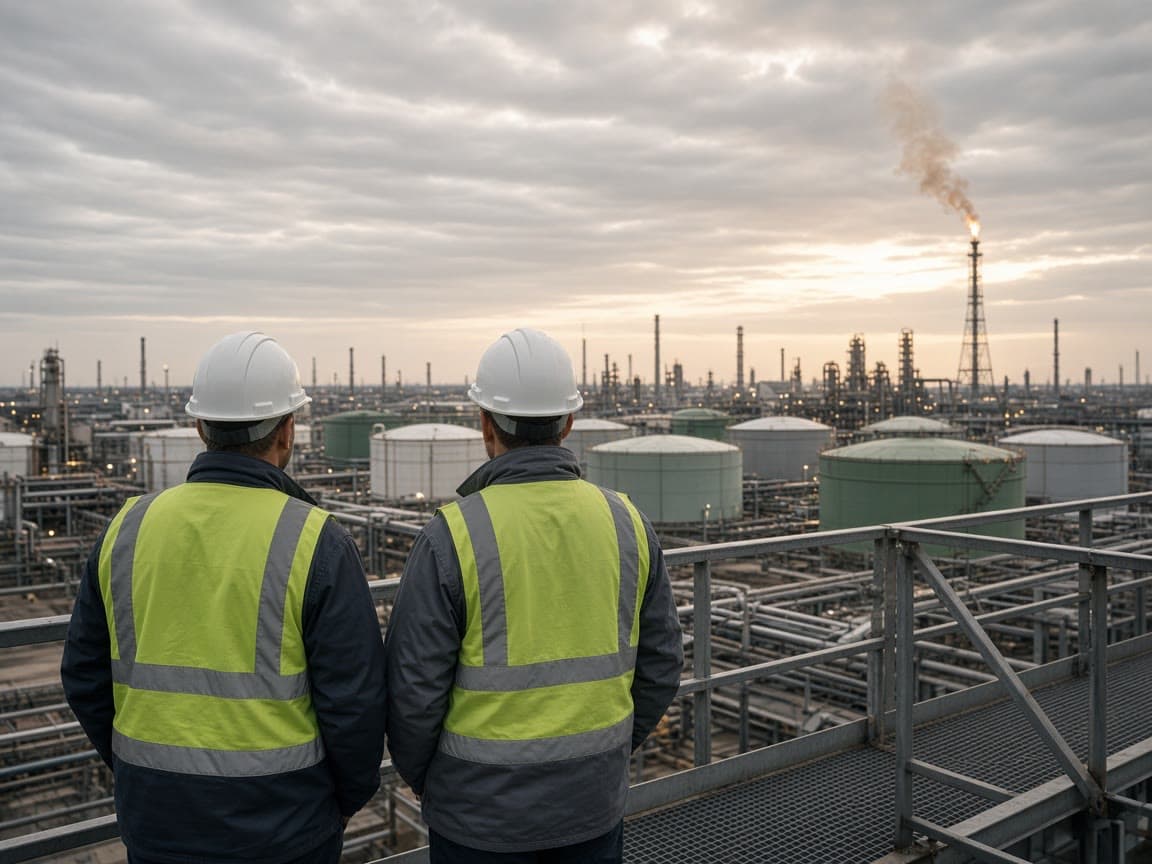 Gerentes de planta observando una refinería en operación