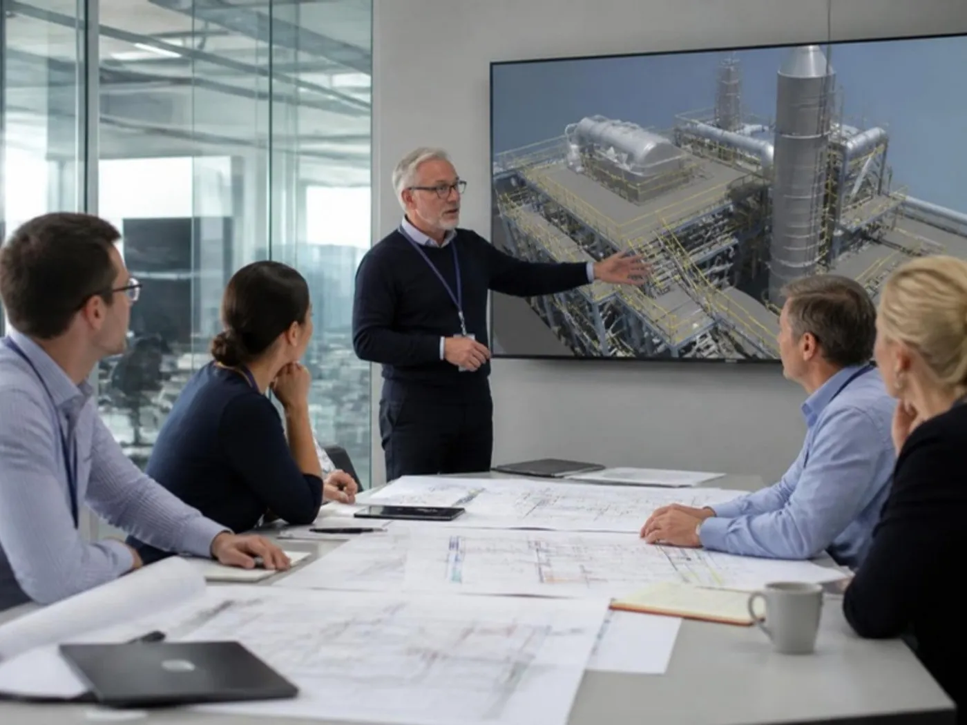 Consultor presentando un plan de paquetes de trabajo a un equipo, con un modelo 3D de planta en pantalla