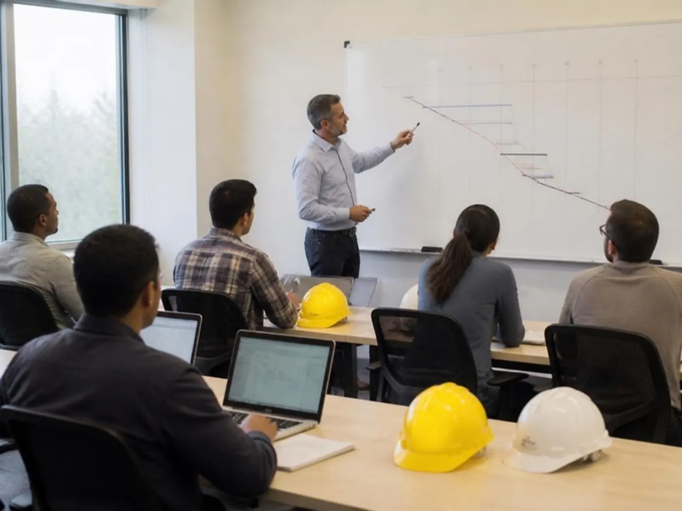Instructor explicando un diagrama de planificación a un grupo de profesionales en un aula técnica